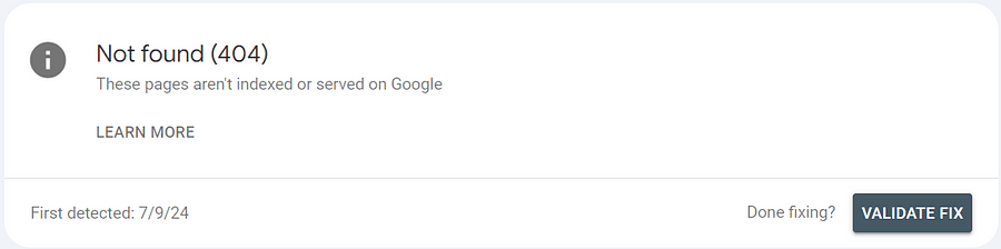How a 404 not found error will be displayed in Google Search Console.