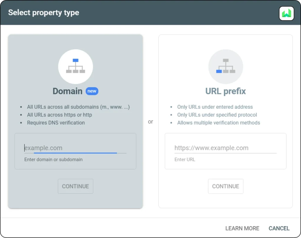 Copy and paste your domain on the leftside input box to add your site and then proceed with continue.